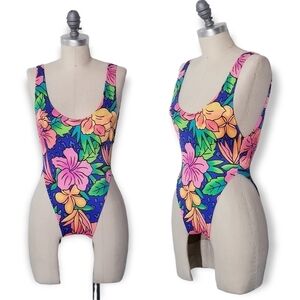 Vintage 80's 90s Floral Neon High Cut Leg Swimsuit One Piece Medium 9/11